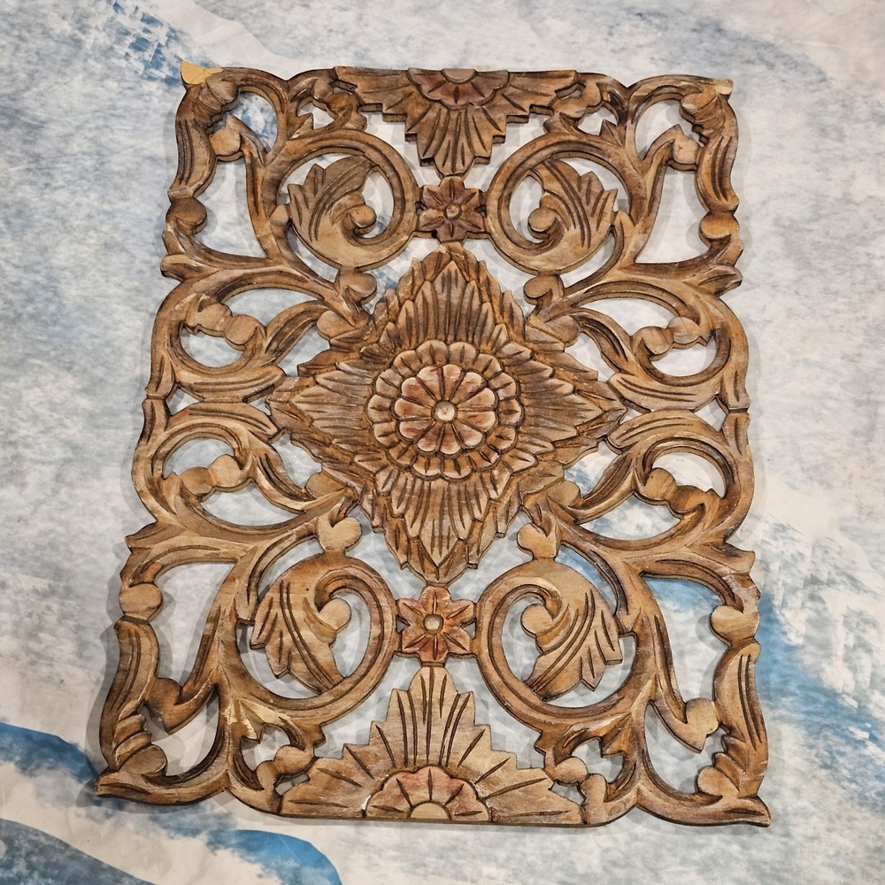 Handcrafted India Carved Wood Wall Panel Boho Floral Scroll Decor 25x18